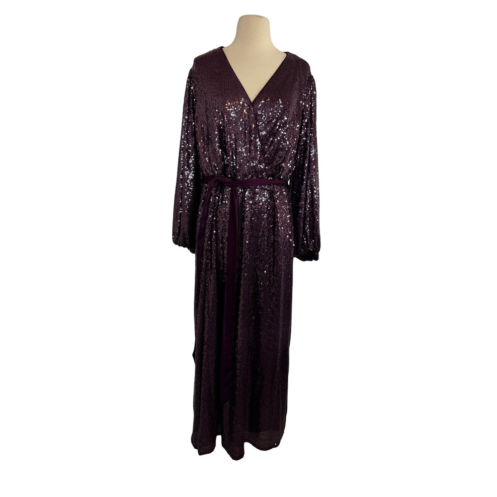 Signature by Robbie Bee Purple Sequin Maxi Dress Formal Gown Tie Waist SZ 18W
